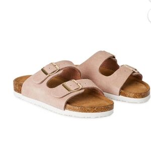 Time & Tru Randi Neutral Blush Suede Slide Sandals with Buckles Sz 8US New